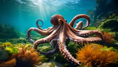 Giant Octopus Swimming Over Vibrant Underwater Coral Reef