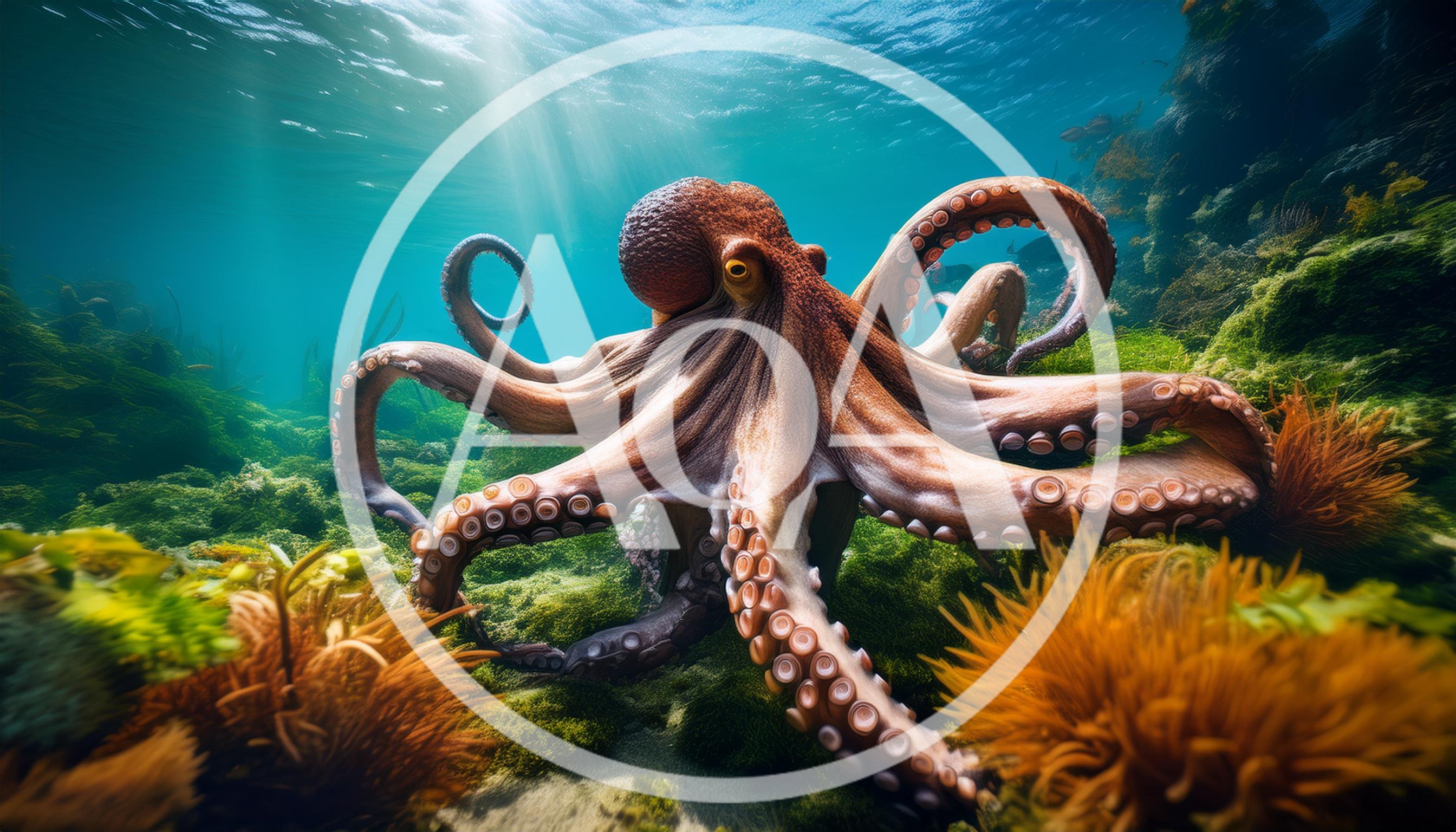 Giant Octopus Swimming Over Vibrant Underwater Coral Reef