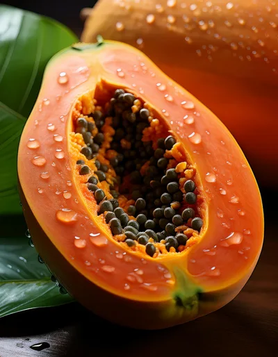 Fresh Half Papaya With Seeds And Water Droplets