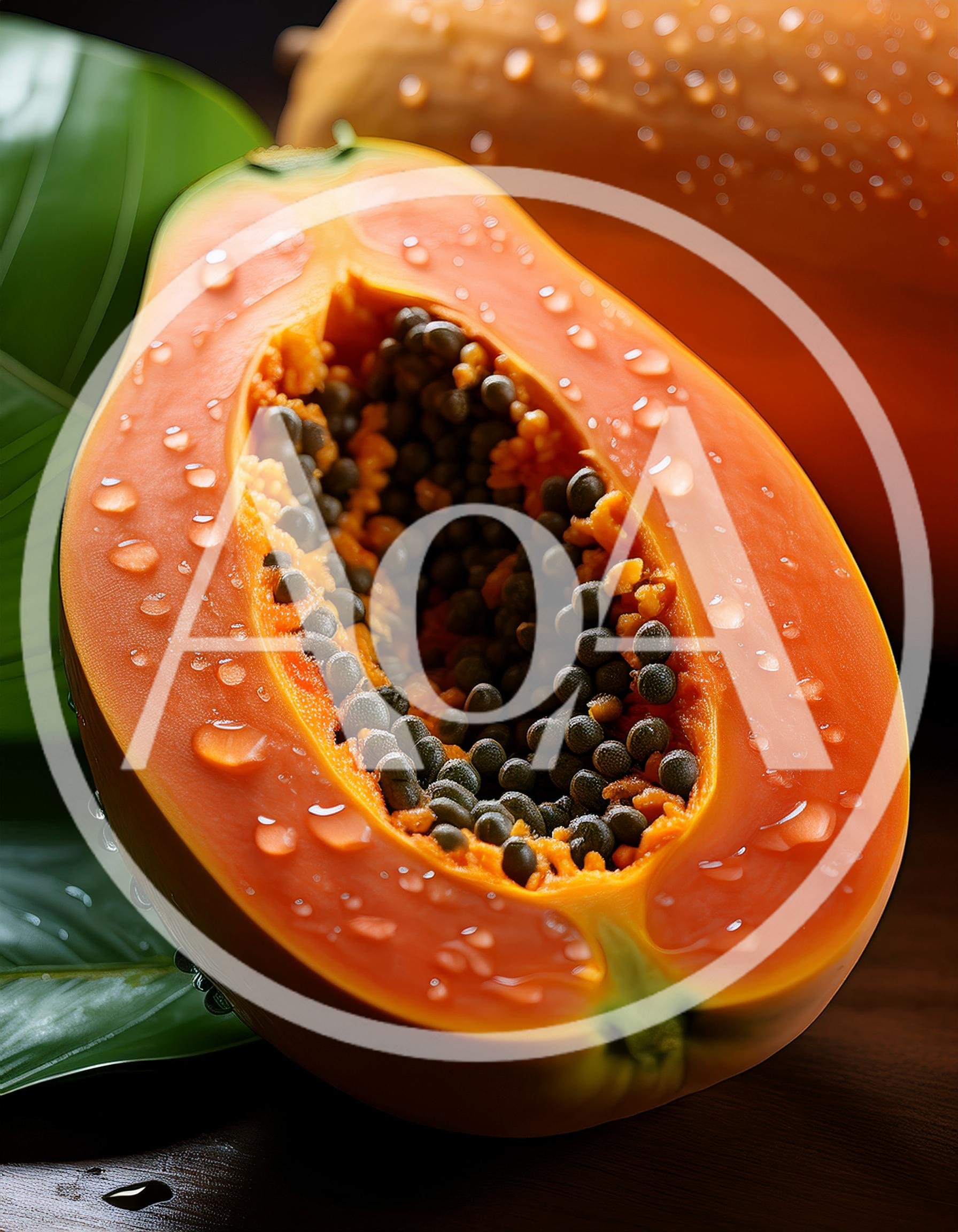 Fresh Half Papaya With Seeds And Water Droplets