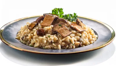 Mushroom Risotto Served on a Dark Ceramic Plate