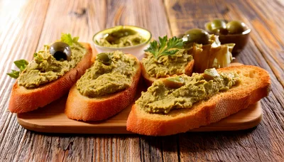 Olive Tapenade Bruschetta Appetizers on Wooden Board