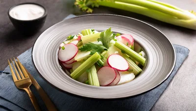 Fresh Celery and Radish Salad in Grey Bowl