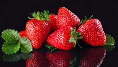 Fresh Red Strawberries With Green Leaves On Black Background