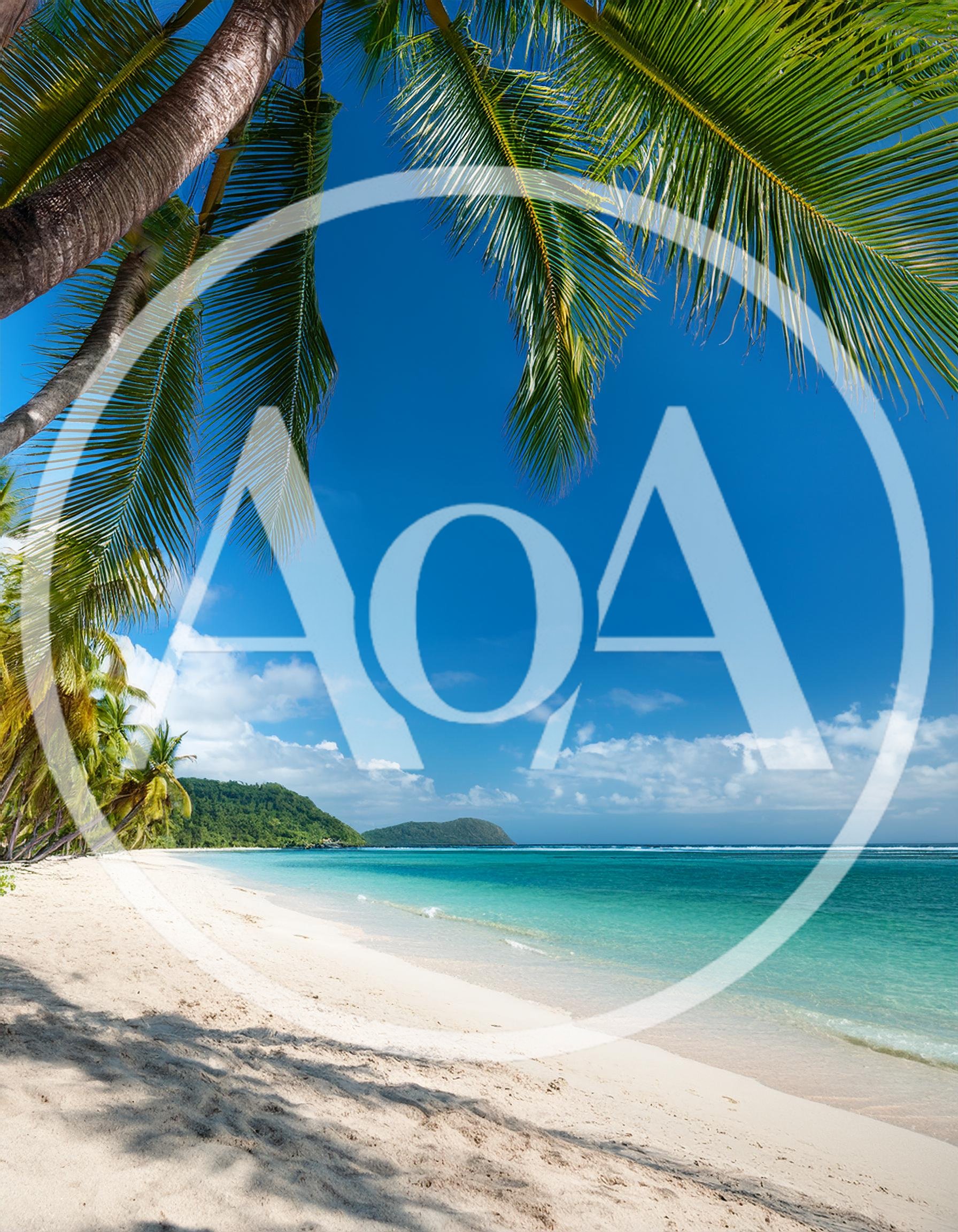 Tropical Beach Landscape With Palm Trees And Turquoise Water