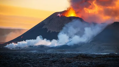 Volcanic Eruption With Lava Fountain And Smoke Plume