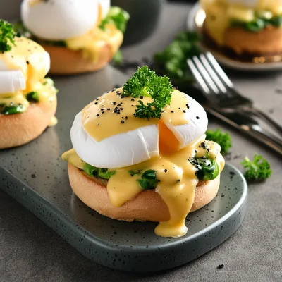 Eggs Benedict With Spinach On A Gray Platter