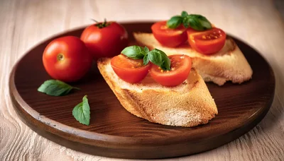 Fresh Tomato Bruschetta With Basil On Wooden Board