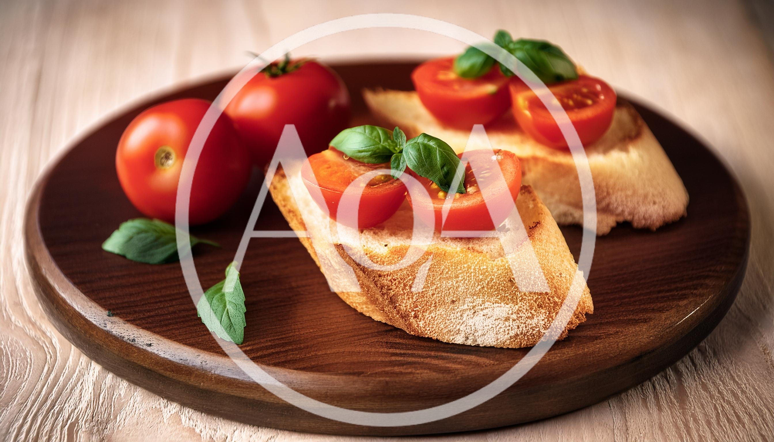 Fresh Tomato Bruschetta With Basil On Wooden Board
