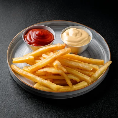Crispy French Fries With Ketchup And Mayonnaise