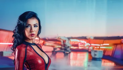 Futuristic Woman In Red Sequin Dress