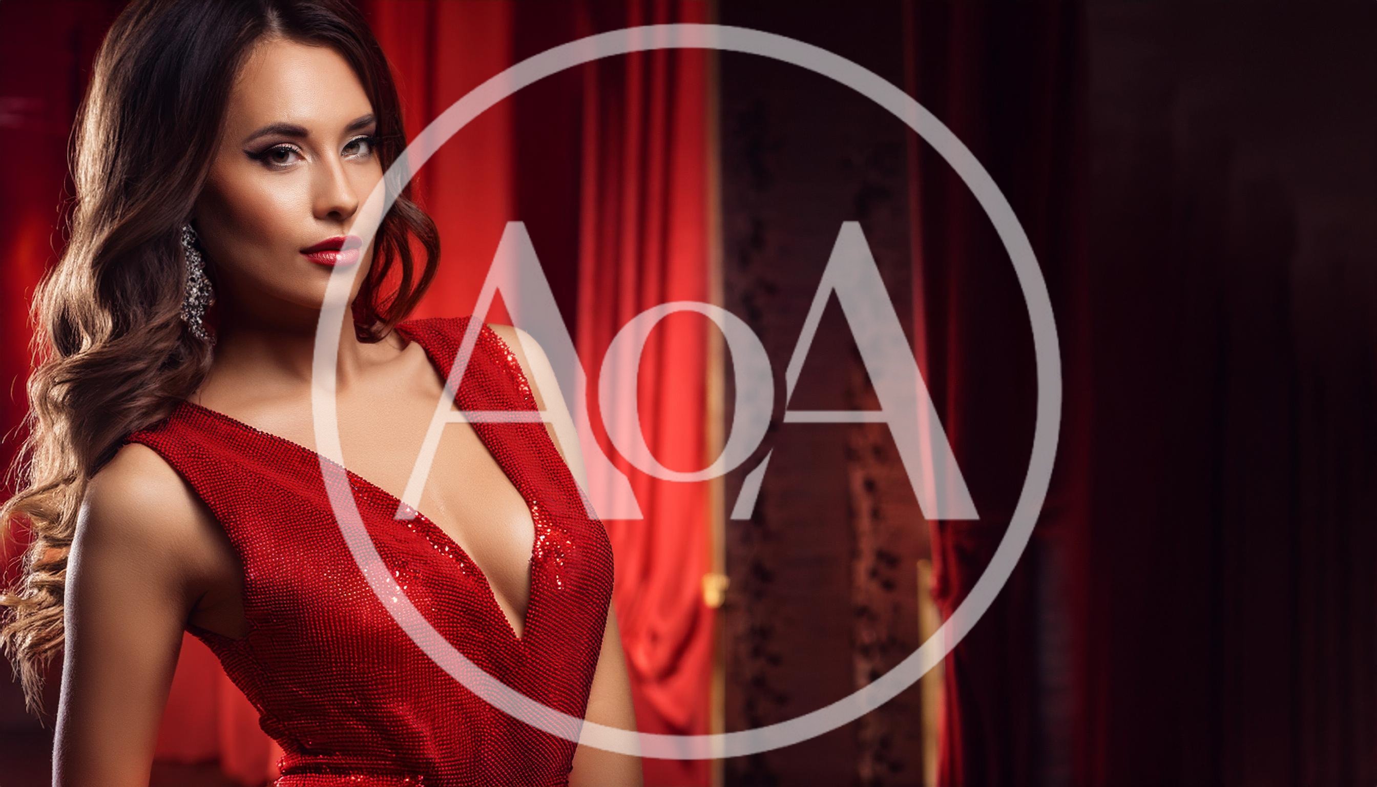 Elegant Woman In Red Sequin Dress Posing