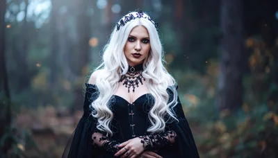 Gothic Woman With White Hair In A Dark Forest