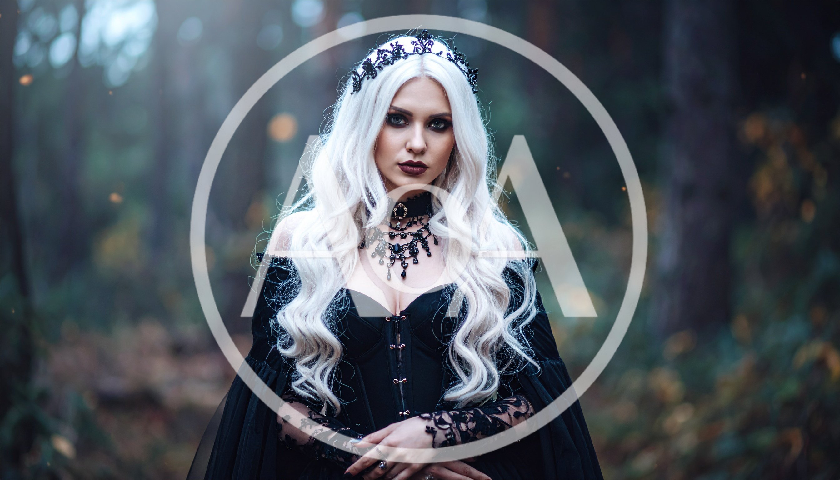 Gothic Woman With White Hair In A Dark Forest
