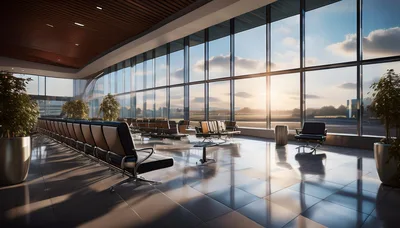 Modern Airport Terminal Waiting Area With Sunset View