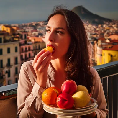 Woman Eating Fresh Fruit On A Sunny Balcony
