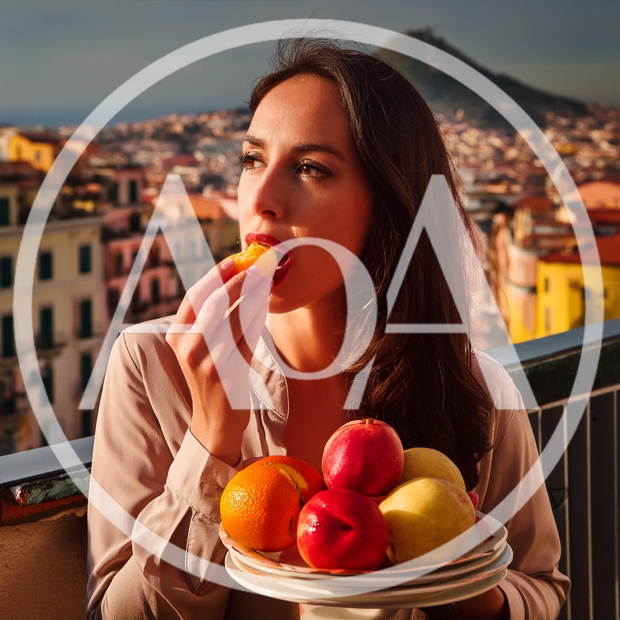 Woman Eating Fresh Fruit On A Sunny Balcony
