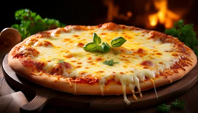 Freshly Baked Cheese Pizza on Wooden Serving Board