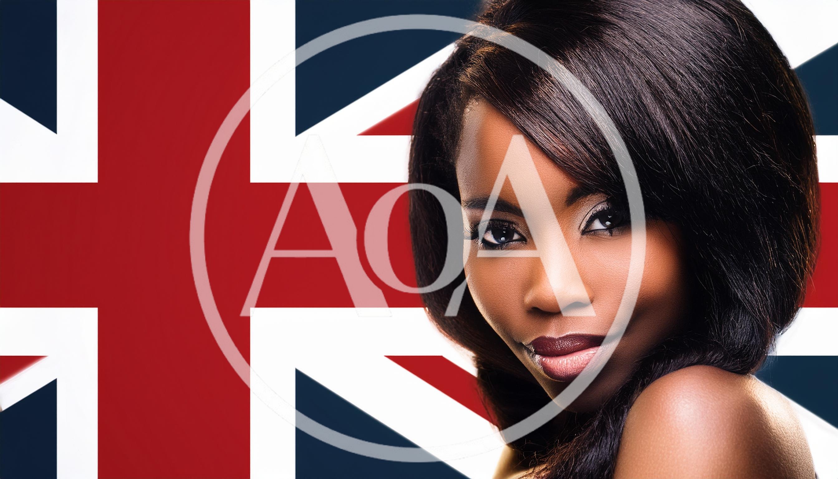 Portrait Of A Beautiful Woman Against British Flag