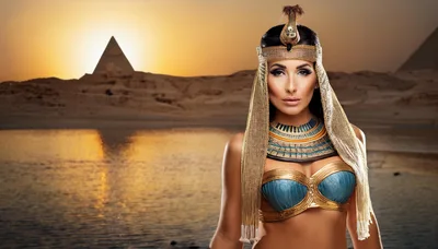 Egyptian Queen Portrait With Pyramids At Sunset