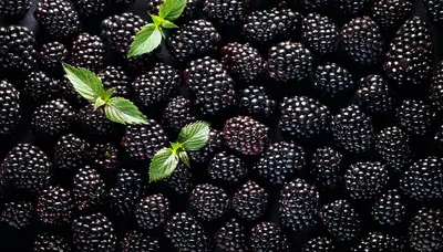 Fresh Ripe Blackberries With Green Mint Leaves