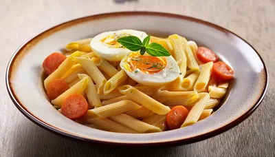 Penne Pasta Bowl With Boiled Eggs And Tomatoes