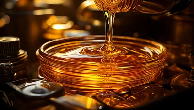 Golden Oil Pouring Into A Glass Container