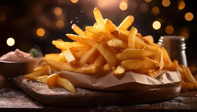 Golden Crispy French Fries On A Wooden Board