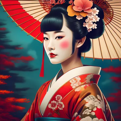 Portrait Of A Beautiful Japanese Geisha In Traditional Kimono