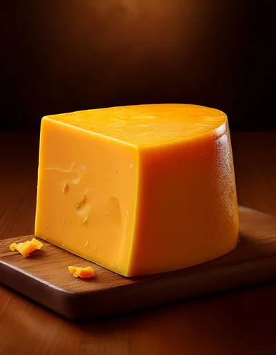 Wedge Of Sharp Cheddar Cheese On Wooden Board