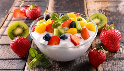 Bowl of Fresh Fruit Salad with Yogurt