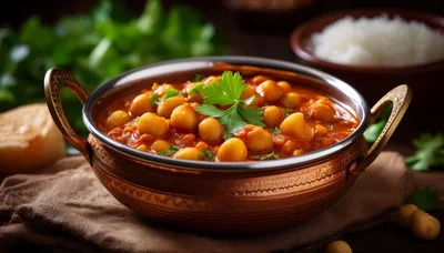 Traditional Indian Chickpea Curry In Copper Serving Bowl
