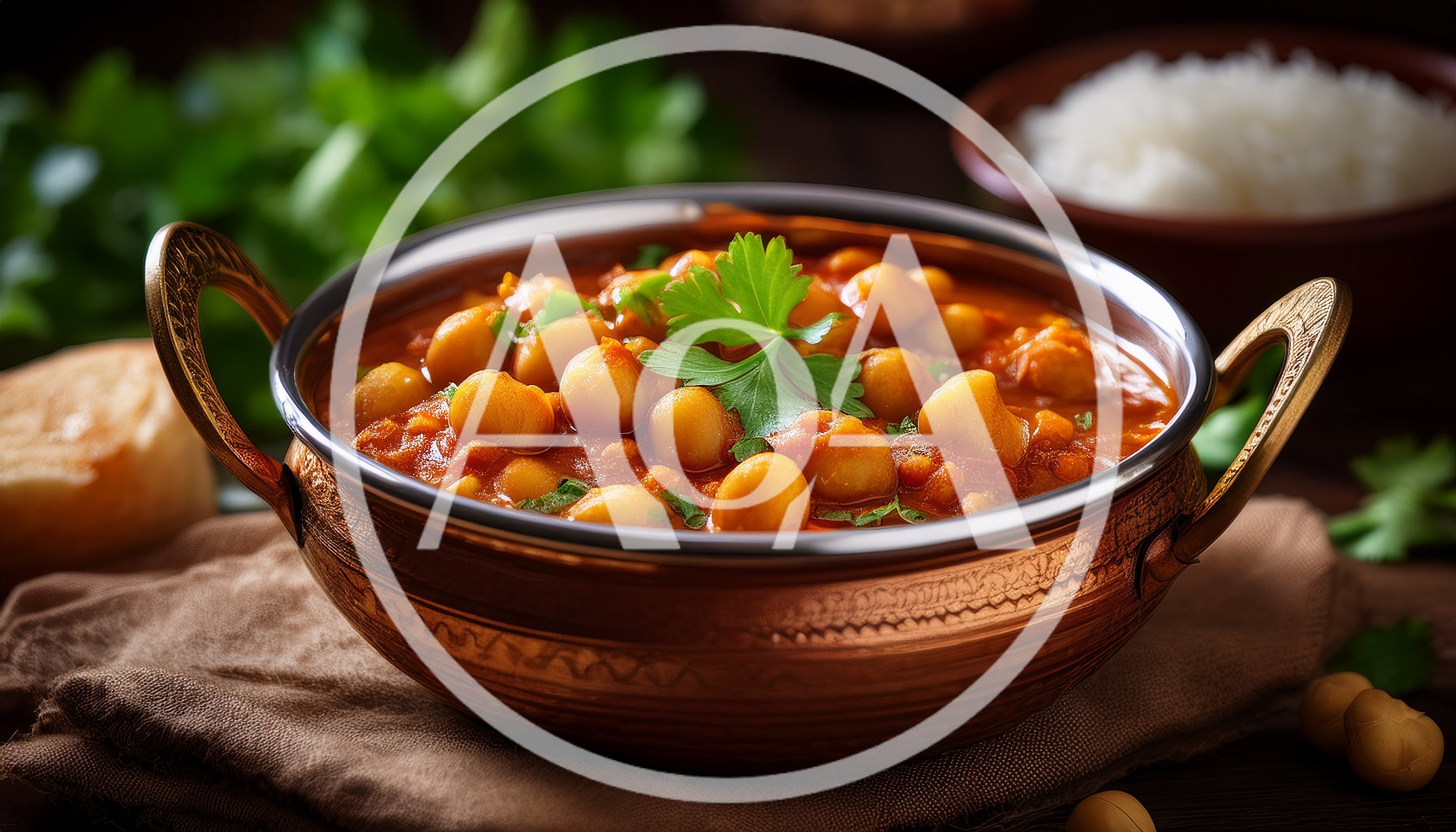 Traditional Indian Chickpea Curry In Copper Serving Bowl
