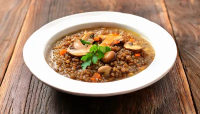 Bowl Of Lentil Soup With Mushrooms And Parsley