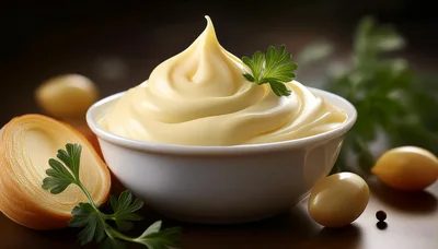 Bowl Of Creamy Mayonnaise With Fresh Parsley Garnish