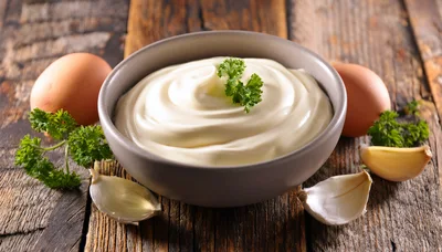 Bowl Of Fresh Homemade Mayonnaise With Garlic And Parsley