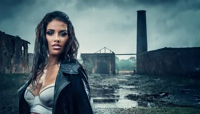 Fashionable Woman Standing In Rain At Abandoned Industrial Site
