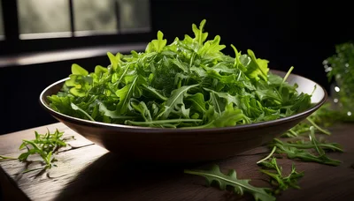 Fresh Arugula Leaves in a Ceramic Bowl