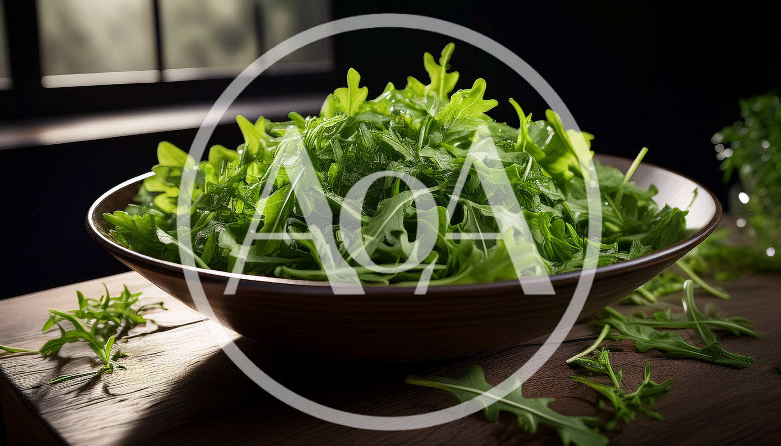 Fresh Arugula Leaves in a Ceramic Bowl