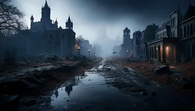 Dark Gothic Ruined City Street At Twilight