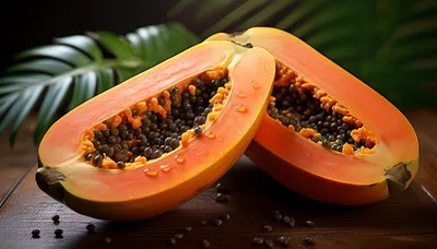 Two Halves Of A Ripe Papaya On A Wooden Table