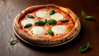 Fresh Margherita Pizza With Basil Leaves On Wooden Table