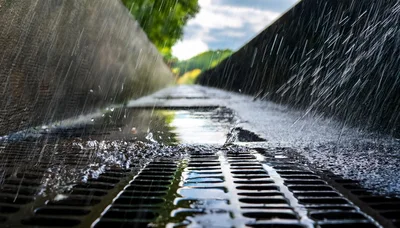 Heavy Rain Falling On A Metal Storm Drain Grate