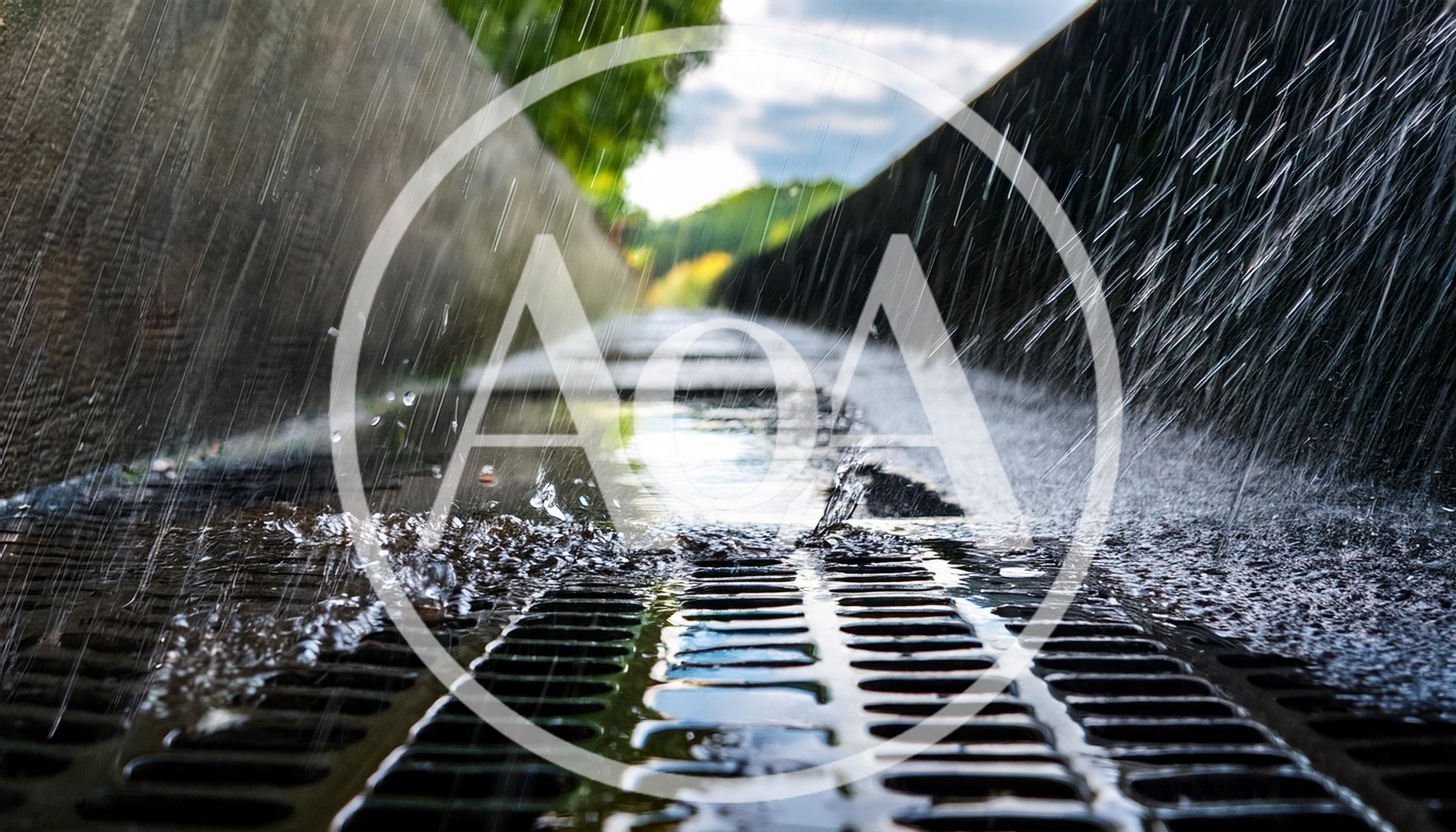 Heavy Rain Falling On A Metal Storm Drain Grate