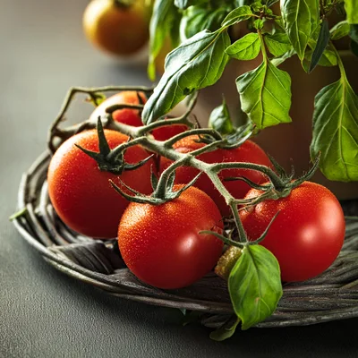 Fresh Red Cherry Tomatoes On A Woven Tray
