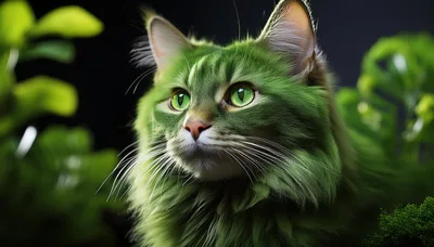 Green Furry Cat Portrait In Lush Foliage