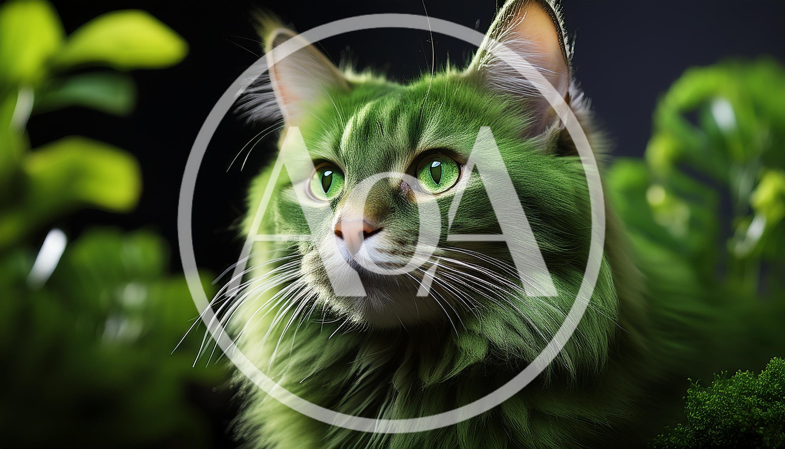 Green Furry Cat Portrait In Lush Foliage