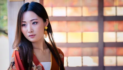 Young Asian Woman Wearing Traditional Kimono In Japanese Setting