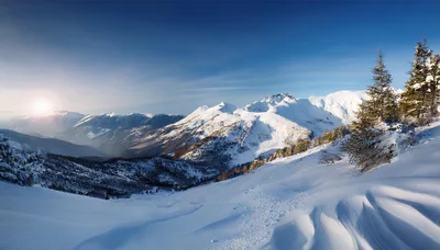 Panoramic View Of Snowy Mountain Peaks At Sunrise