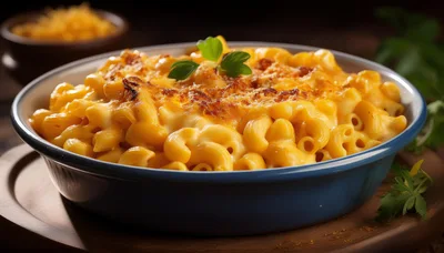 Baked Macaroni And Cheese In A Blue Ceramic Dish